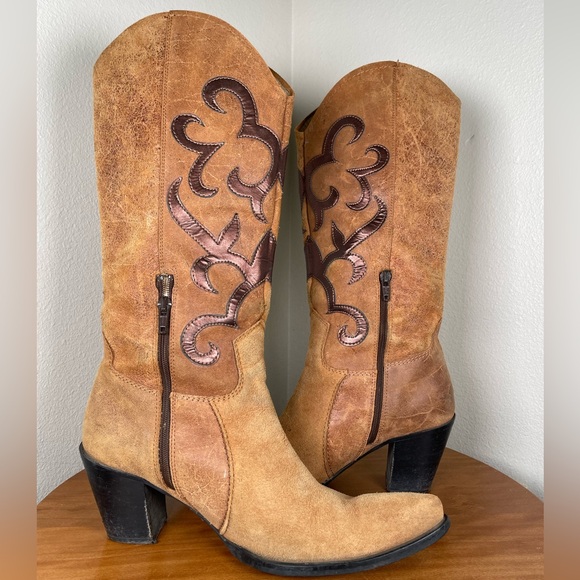 Vtg Nine West Brown Hippie Boho Western Cowboy Pull On Leather Boots Size 38 - Picture 3 of 14